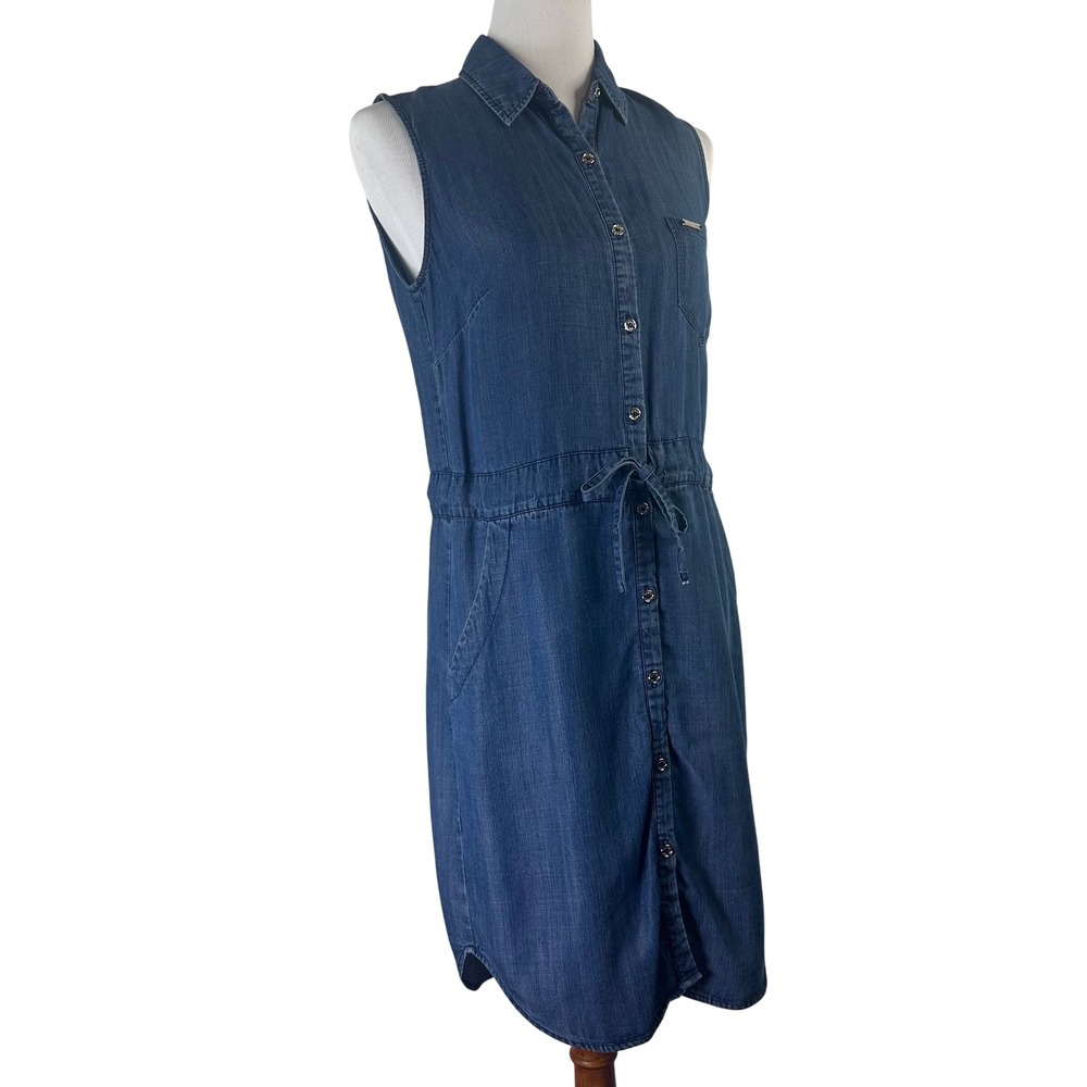 Tommy Hilfiger Blue Sleeveless Chambray Button Down Shirt Dress Pockets Womens M